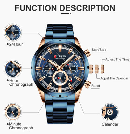 CURREN Men Watch Top Brand Luxury Sports Quartz Mens Watches Full Steel Waterproof Chronograph Wristwatch Men Relogio Masculino