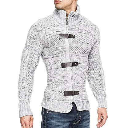 Men Sweaters Autumn Winter High Neck Sweater Men's Leather Buckle Long Sleeve Knitted Cardigan Coat Large Size Men Clothing