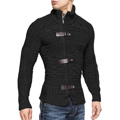 Men Sweaters Autumn Winter High Neck Sweater Men's Leather Buckle Long Sleeve Knitted Cardigan Coat Large Size Men Clothing