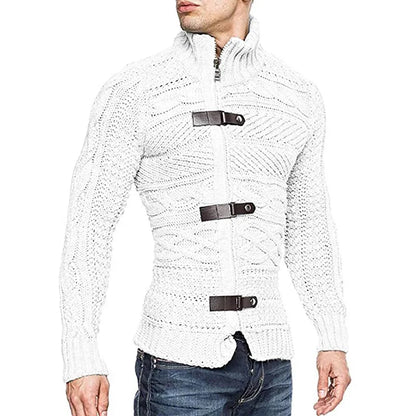 Men Sweaters Autumn Winter High Neck Sweater Men's Leather Buckle Long Sleeve Knitted Cardigan Coat Large Size Men Clothing