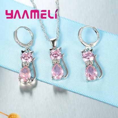 Real 925 Sterling Silver Color Jewelry Sets for Woman Girls Shining Austrian Crystal Cute Cat Pendant Necklace Huggie Earring