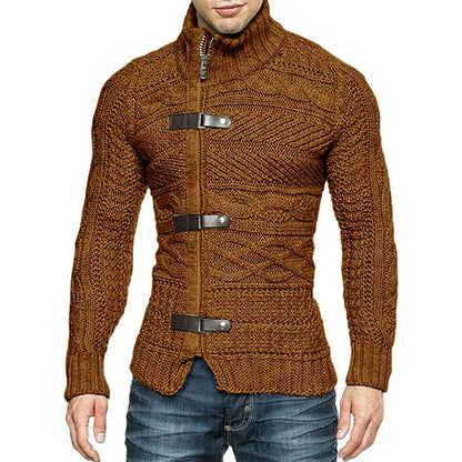 Men Sweaters Autumn Winter High Neck Sweater Men's Leather Buckle Long Sleeve Knitted Cardigan Coat Large Size Men Clothing