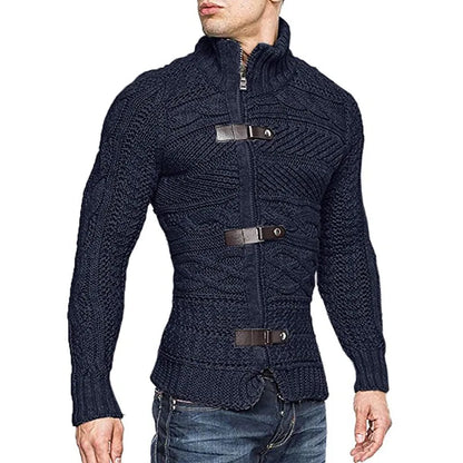 Men Sweaters Autumn Winter High Neck Sweater Men's Leather Buckle Long Sleeve Knitted Cardigan Coat Large Size Men Clothing