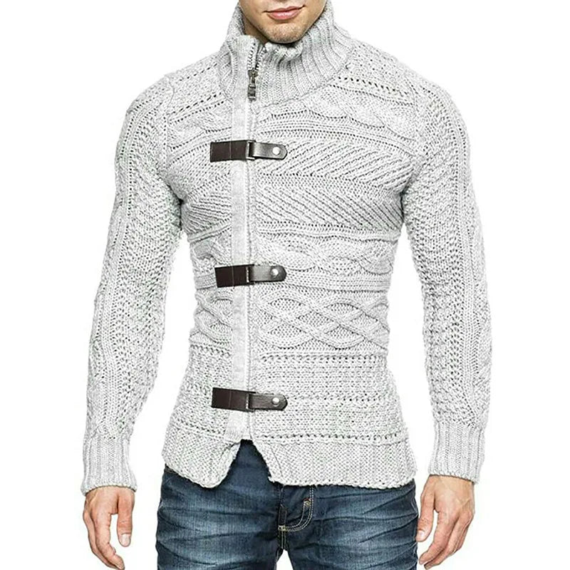 Men Sweaters Autumn Winter High Neck Sweater Men's Leather Buckle Long Sleeve Knitted Cardigan Coat Large Size Men Clothing