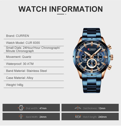 CURREN Men Watch Top Brand Luxury Sports Quartz Mens Watches Full Steel Waterproof Chronograph Wristwatch Men Relogio Masculino