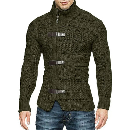 Men Sweaters Autumn Winter High Neck Sweater Men's Leather Buckle Long Sleeve Knitted Cardigan Coat Large Size Men Clothing