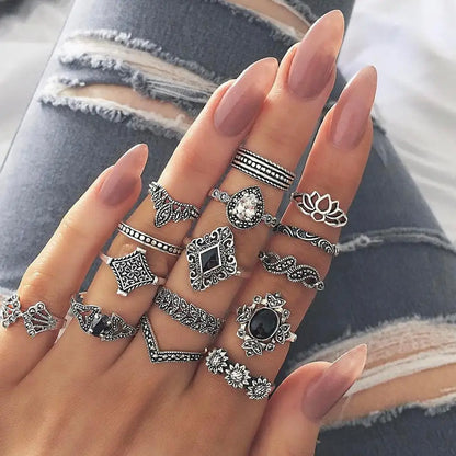 15 Pcs Crystal Hollow Lotus Gem Knuckle Ring