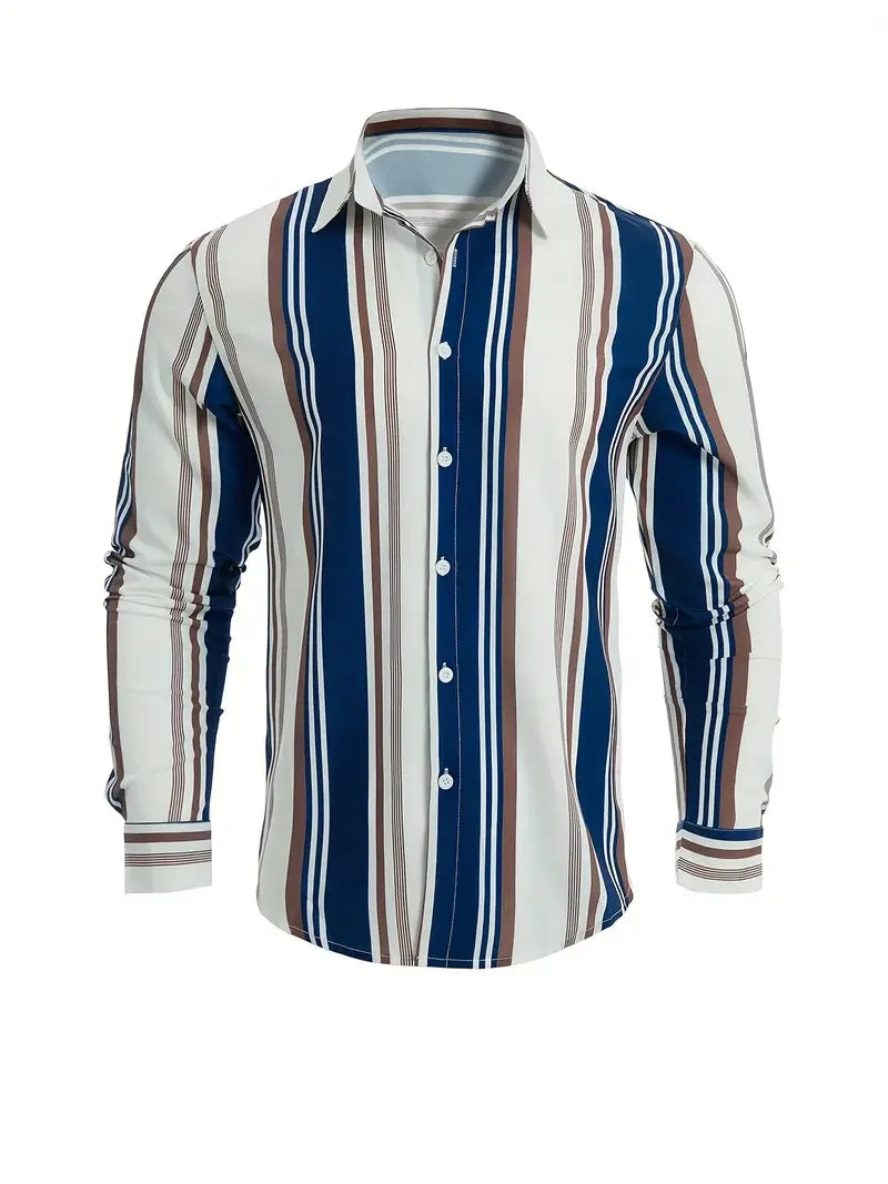 Men's long sleeved striped shirt with classic design, buttoned for business occasions, spring and autumn men's tops