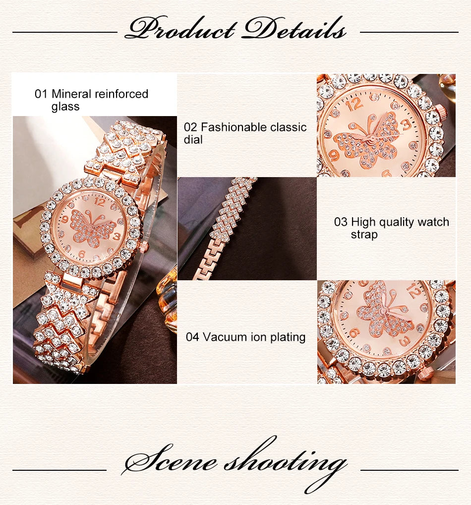 6pcs Jewelry Set Luxury Watch Women Ring Necklace Earring