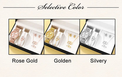 6PCS Set Luxury Watch Women Ring Necklace Earring