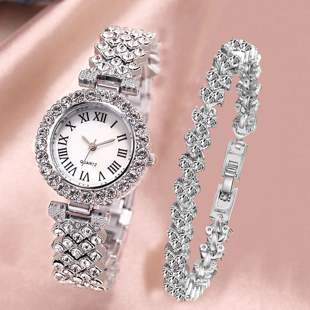 2pcs Luxury Women Rhinestone Rose Gold Watch