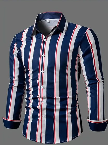 Men's long sleeved striped shirt with classic design, buttoned for business occasions, spring and autumn men's tops