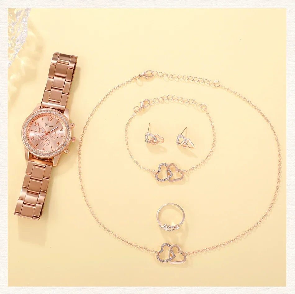 6PCS Set Luxury Watch Women Ring Necklace Earring