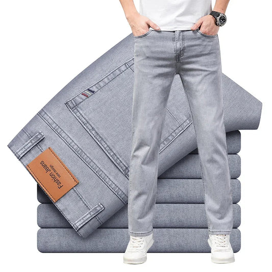 Summer Thin Men's Elastic Cotton Jeans Fashion Gray Comfortable Business Straight Casual Pants Brand Male Clothes Trousers