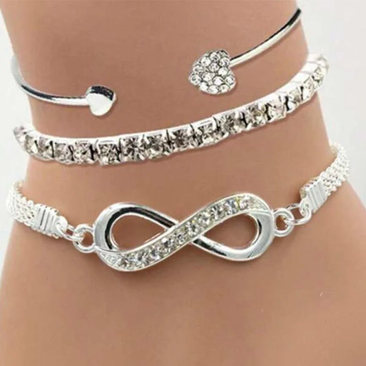 Vintage Set Silver Color Crystal Rhinestone Heart Bracelets for Women Fashion Geometric Adjustable Infinity Cuff Bangle Jewelry