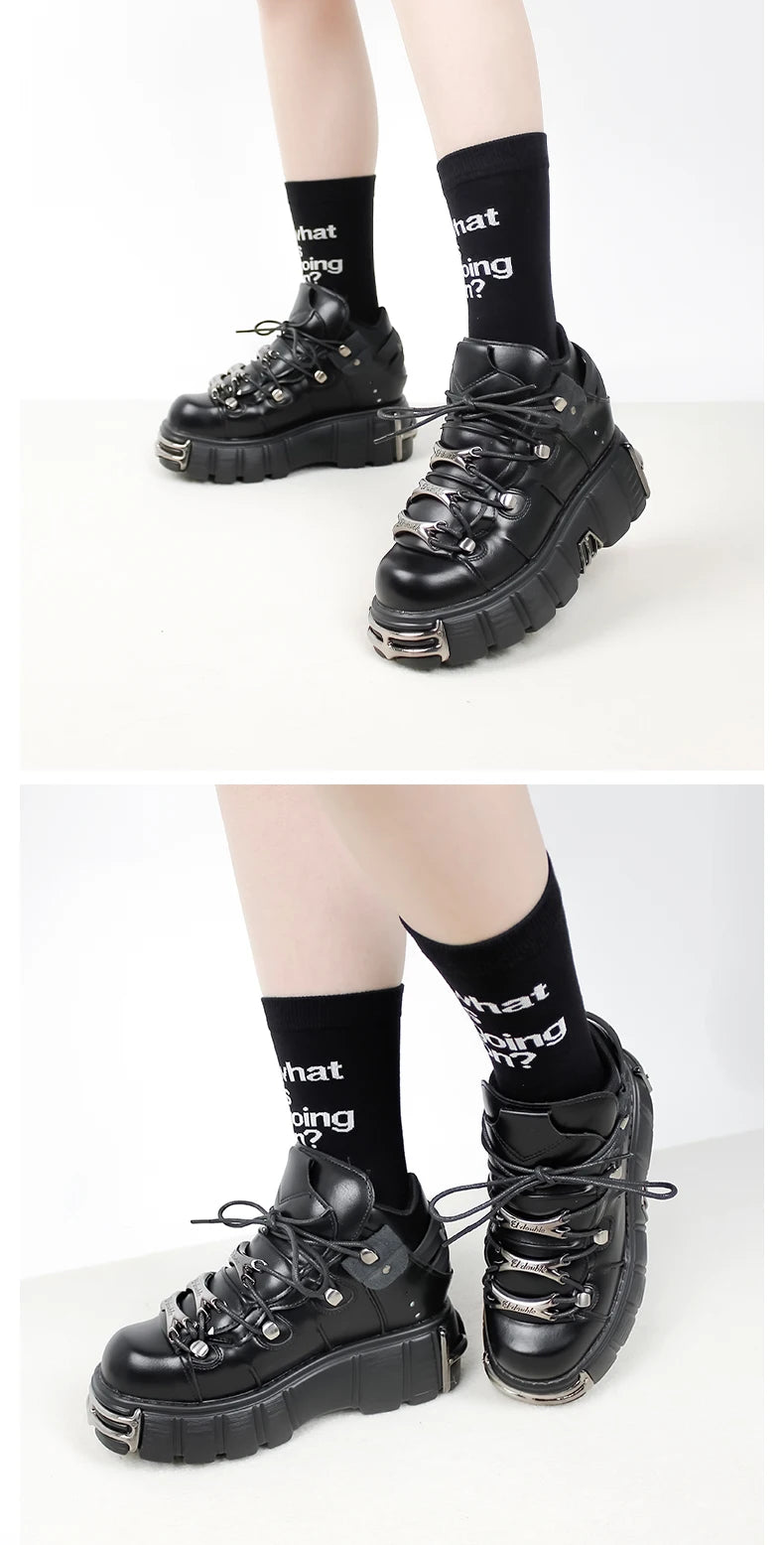 New 2024 Brand Punk Style Women Shoes Lace-up heel height 6CM Platform Shoes Woman Rock Boots Metal Decor Woman Sneakers