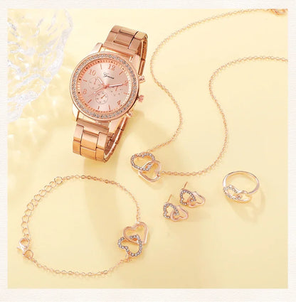 6PCS Set Luxury Watch Women Ring Necklace Earring