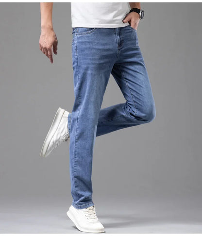 Summer Thin Men's Elastic Cotton Jeans Fashion Gray Comfortable Business Straight Casual Pants Brand Male Clothes Trousers