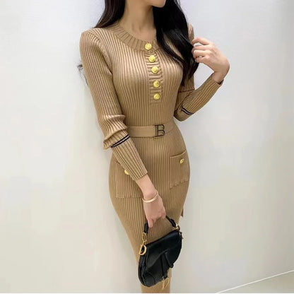 O-neck Buttons Bodycon Sweater Dress with Belt