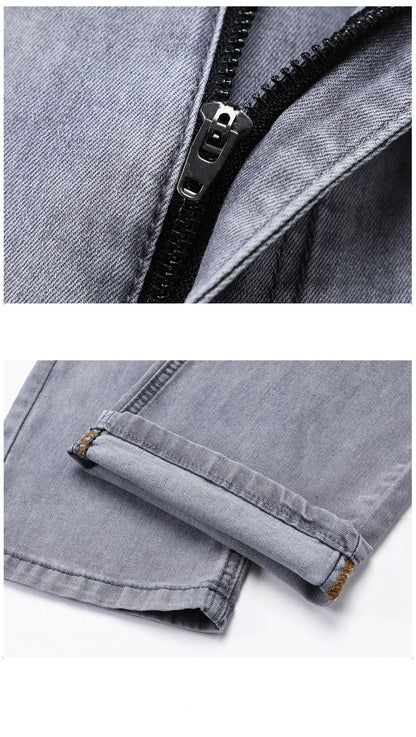 Summer Thin Men's Elastic Cotton Jeans Fashion Gray Comfortable Business Straight Casual Pants Brand Male Clothes Trousers