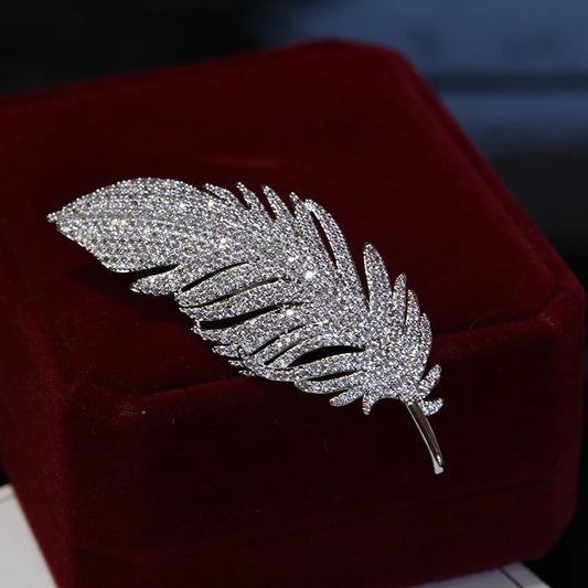 Silver Full of Rhinestone Feather Brooches