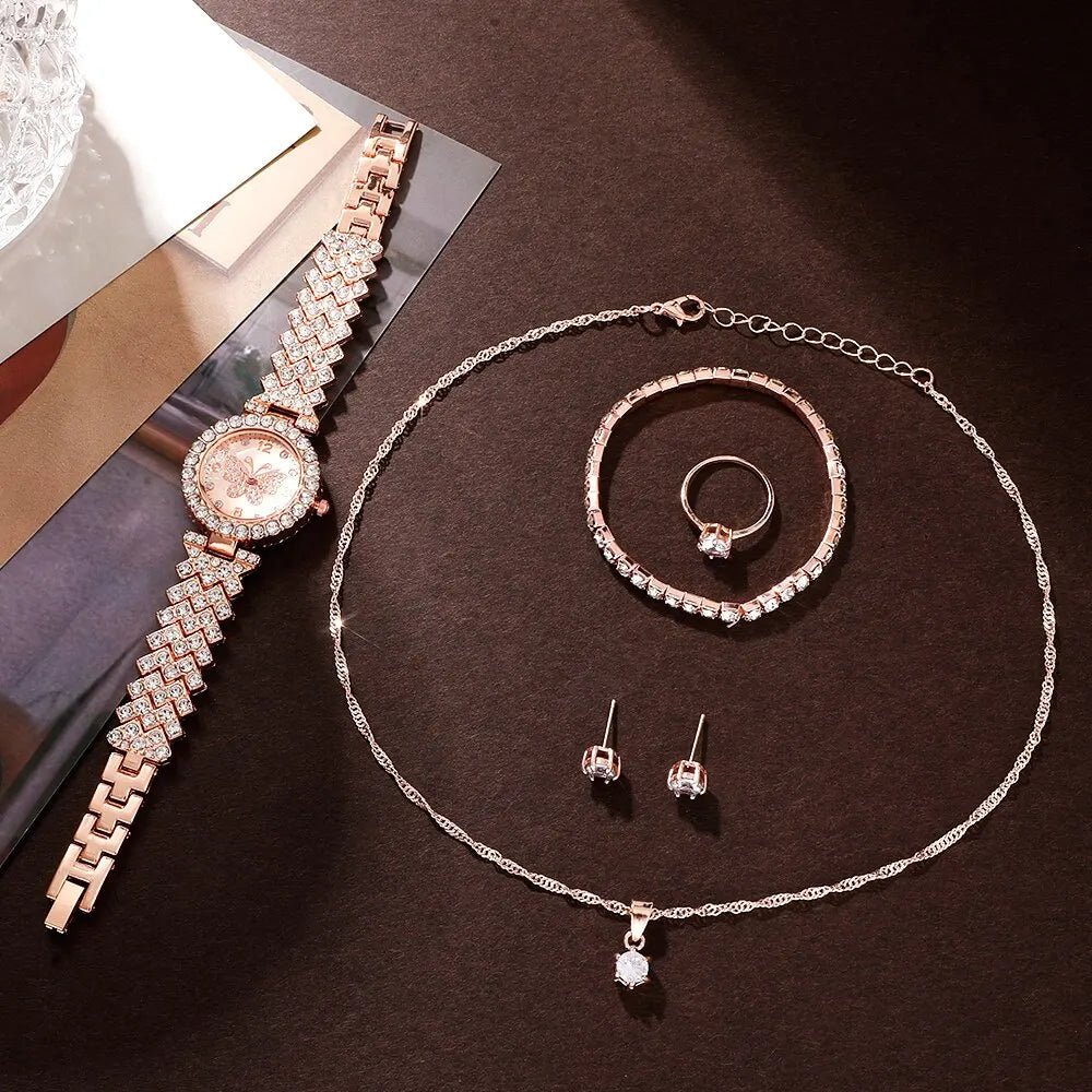 6pcs Jewelry Set Luxury Watch Women Ring Necklace Earring