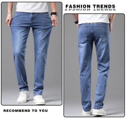 Summer Thin Men's Elastic Cotton Jeans Fashion Gray Comfortable Business Straight Casual Pants Brand Male Clothes Trousers