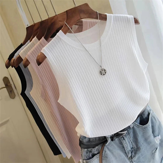 Summer Sleeveless Blouse Women O-neck Knitted Blouse Shirt Women Clothes Women Tops