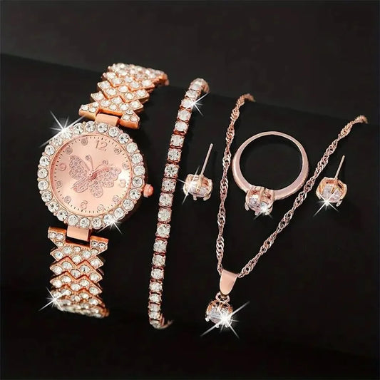 6pcs Jewelry Set Luxury Watch Women Ring Necklace Earring