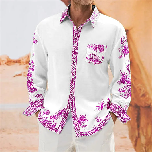 Men's top shirt pocket lapel long sleeve buttons casual street party comfortable soft material floral HD pattern blue pink red