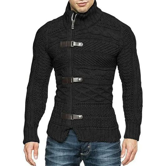 Men Sweaters Autumn Winter High Neck Sweater Men's Leather Buckle Long Sleeve Knitted Cardigan Coat Large Size Men Clothing