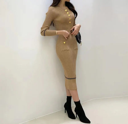 O-neck Buttons Bodycon Sweater Dress with Belt