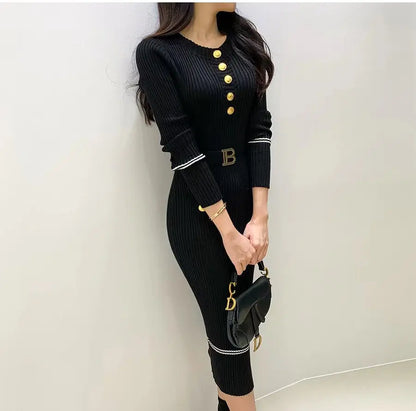 O-neck Buttons Bodycon Sweater Dress with Belt