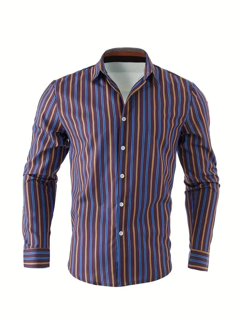 Men's long sleeved striped shirt with classic design, buttoned for business occasions, spring and autumn men's tops