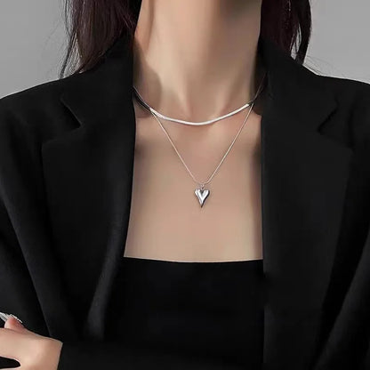 Double Layered Love Heart Pendant Necklace for Women Simple Neck Chain Jewelry