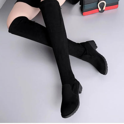 Women Boots Winter Black Over The Knee Boots 2024 New Comfort Lace Up Chunky High Heels Shoes Fashion Warm Suede Round Toe Boots