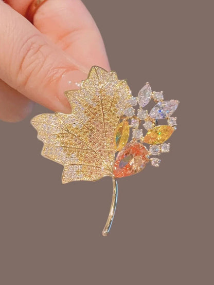 Rhinestone Yellow Maple Brooches Vintage Maple Leaf Green Crystal Pendant Woman's Brooch Pin Luxury Accessories Gift