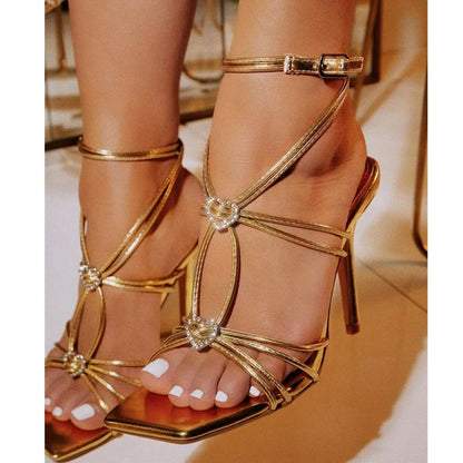 Liyke Fashion Rhinestone Buckle Narrow Band Sandals Women Sexy Square Toe Wedding Banquet Shoes Thin High Heels Golden Sandalias