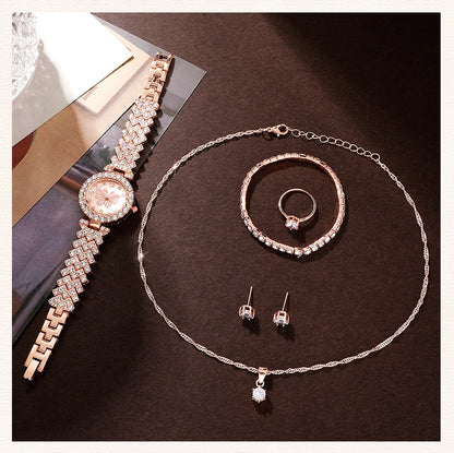 6pcs Jewelry Set Luxury Watch Women Ring Necklace Earring