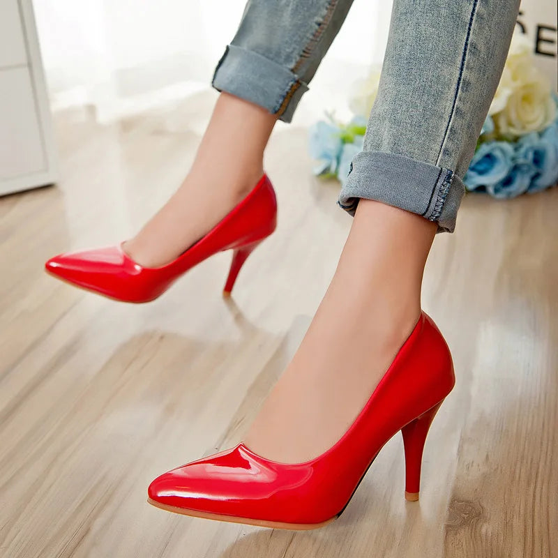 Pointed Toe Fashion Heeled Shoes Ladies Pumps Large Size Classic Women's High Heels Red Green Nude Party Office Shoes Female