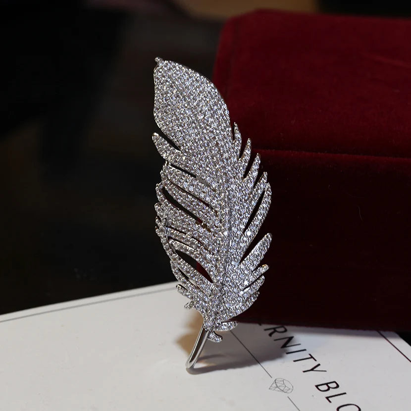 Silver Full of Rhinestone Feather Brooches