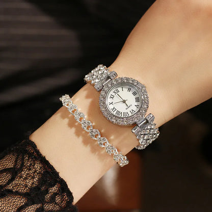 2pcs Luxury Women Rhinestone Rose Gold Watch