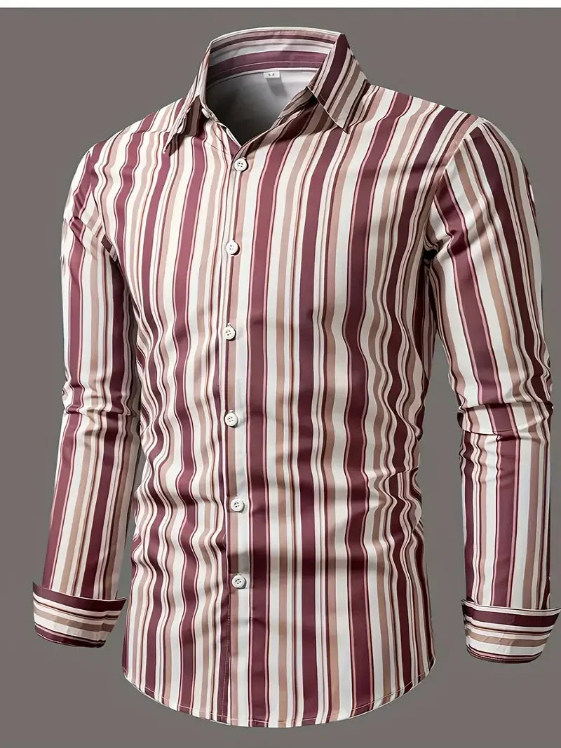 Men's long sleeved striped shirt with classic design, buttoned for business occasions, spring and autumn men's tops