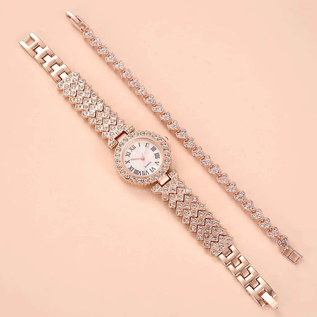 2pcs Luxury Women Rhinestone Rose Gold Watch