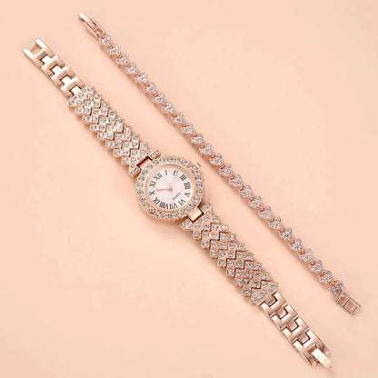 2pcs Luxury Women Rhinestone Rose Gold Watch