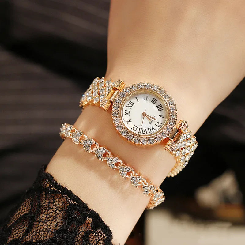 2pcs Luxury Women Rhinestone Rose Gold Watch