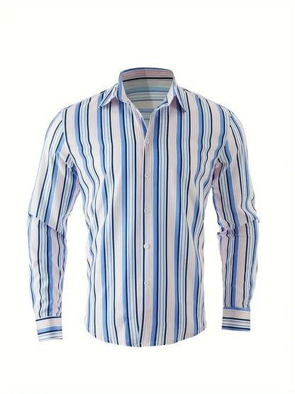 Men's long sleeved striped shirt with classic design, buttoned for business occasions, spring and autumn men's tops