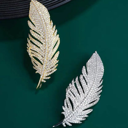 Silver Full of Rhinestone Feather Brooches