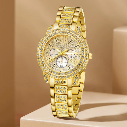 Women's Quartz Watch Gold Luxury Women Ring Necklace Earring Rhinestone Fashion Wristwatch Casual Ladies Watches Jewelry Set ﻿