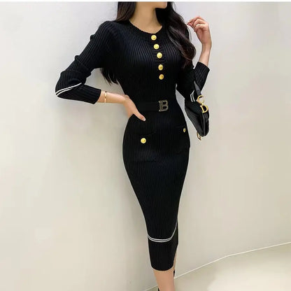 O-neck Buttons Bodycon Sweater Dress with Belt